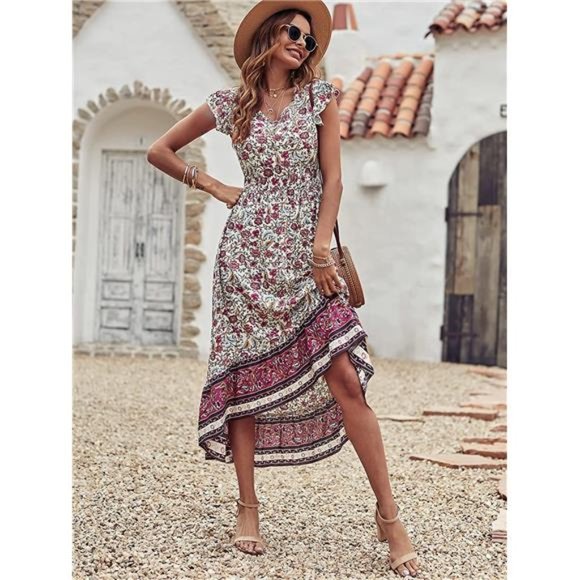 Women's Summer Maxi Dress Casual Floral V Neck Cap Sleeves Boho High Low Midi - Picture 6 of 6